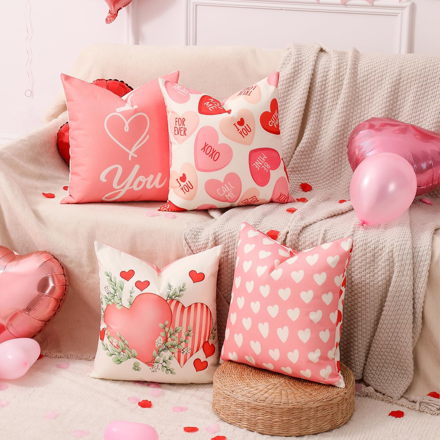 Valentine's Day Decor Kit: 4 Reversible 18" Pillow Covers, Balloons & Stickers. - Image 7