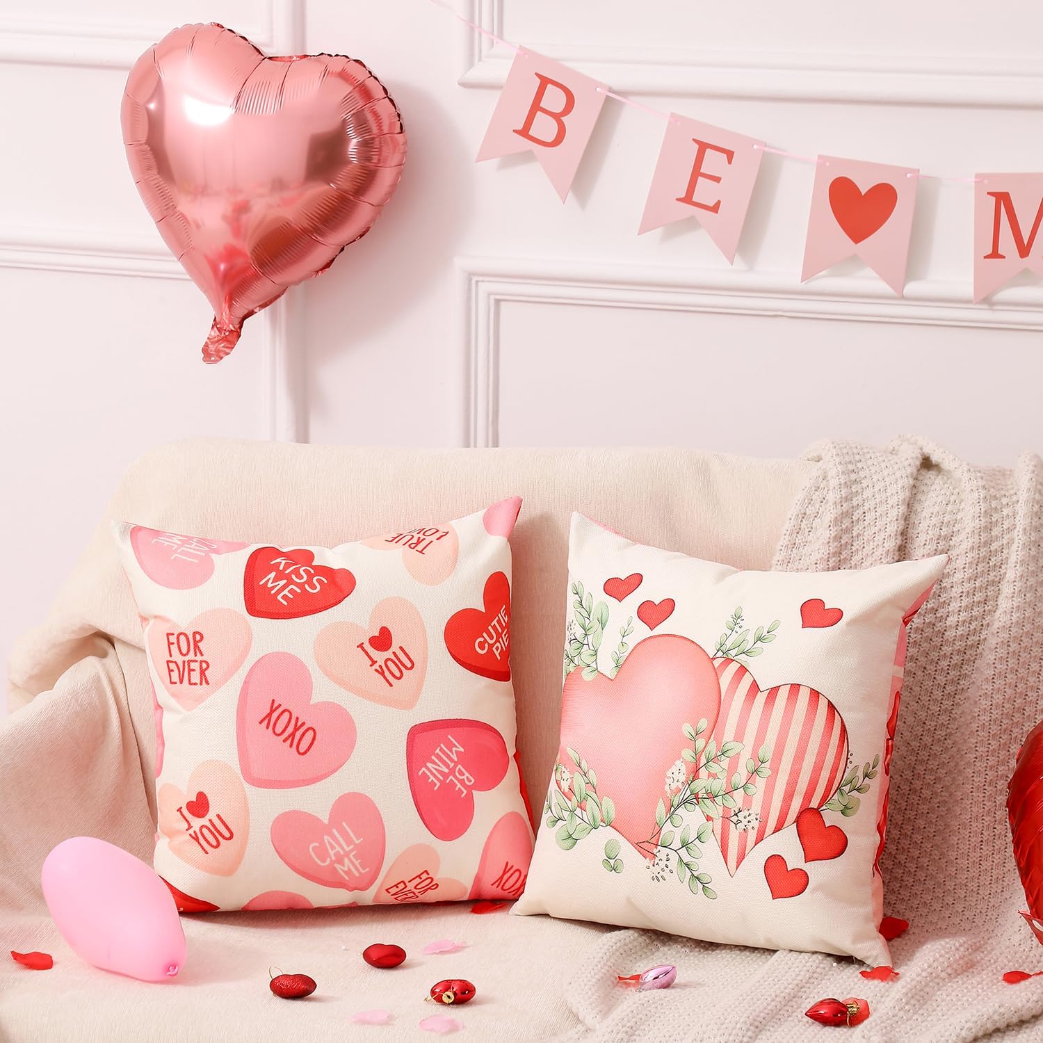 Valentine's Day Decor Kit: 4 Reversible 18" Pillow Covers, Balloons & Stickers. - Image 8