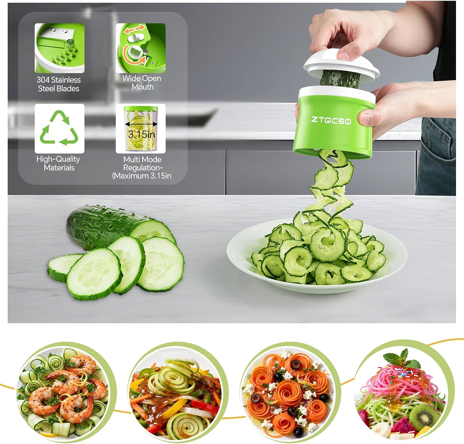 Green 4-in-1 Adjustable Veggie Noodle Slicer & Zoodle Maker - Image 3
