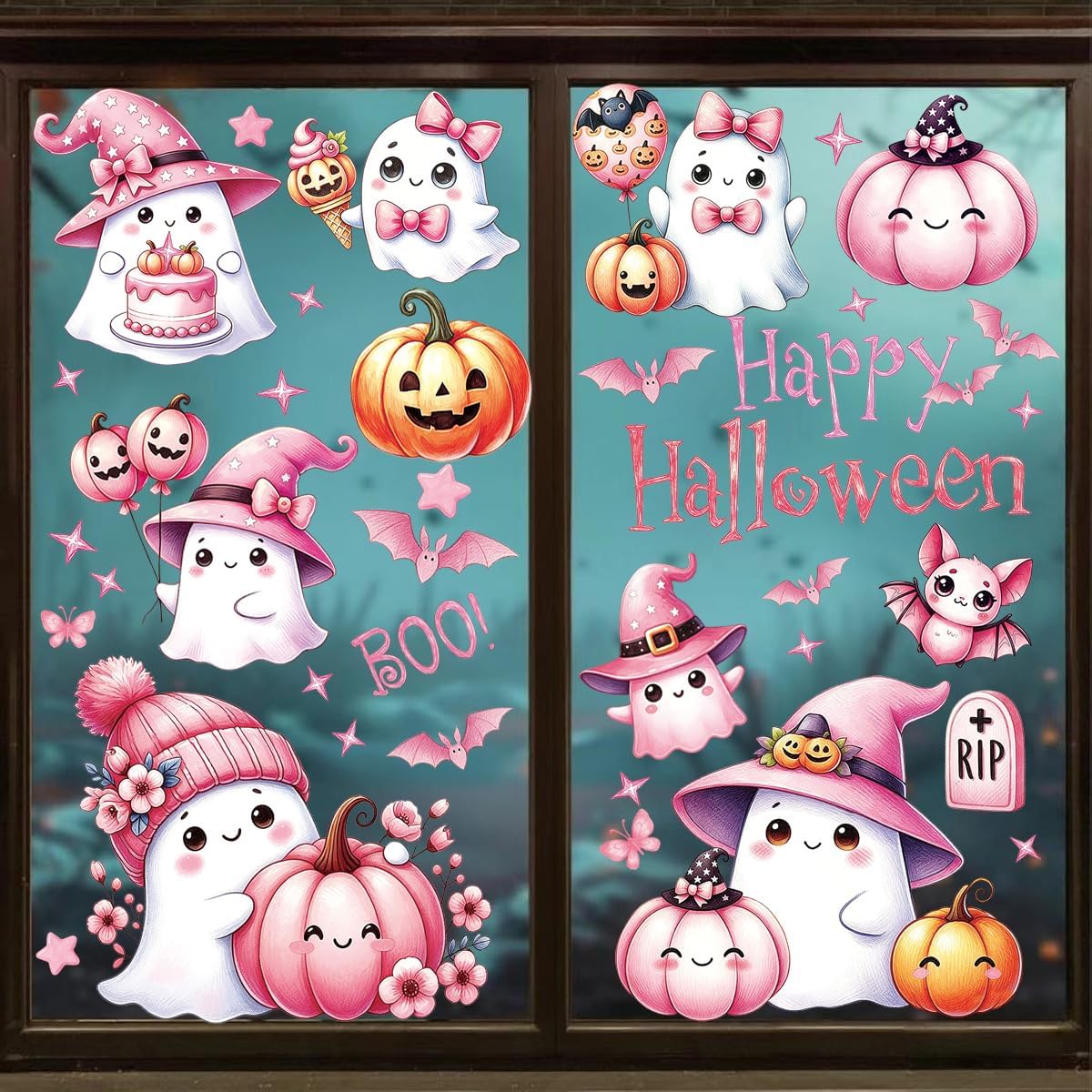 77 Pcs Pink Ghost Spider Halloween Window Clings – Reusable, Double-Sided PVC Decor - Image 3