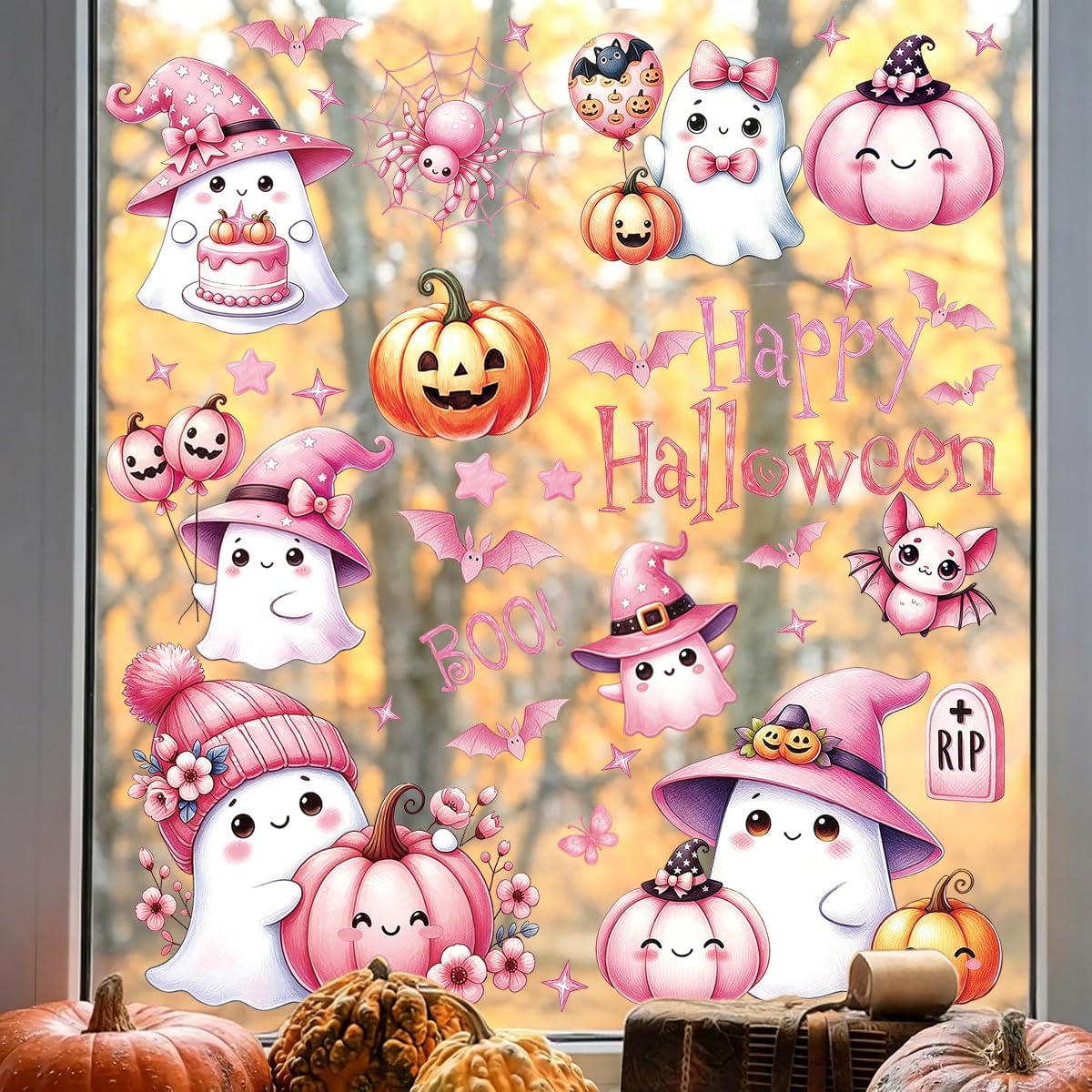 77 Pcs Pink Ghost Spider Halloween Window Clings – Reusable, Double-Sided PVC Decor - Image 4