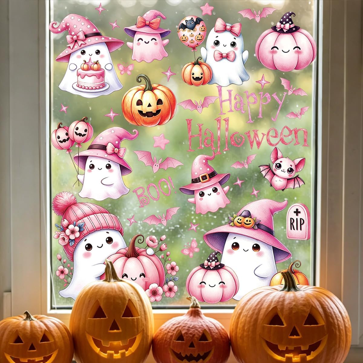 77 Pcs Pink Ghost Spider Halloween Window Clings – Reusable, Double-Sided PVC Decor - Image 5