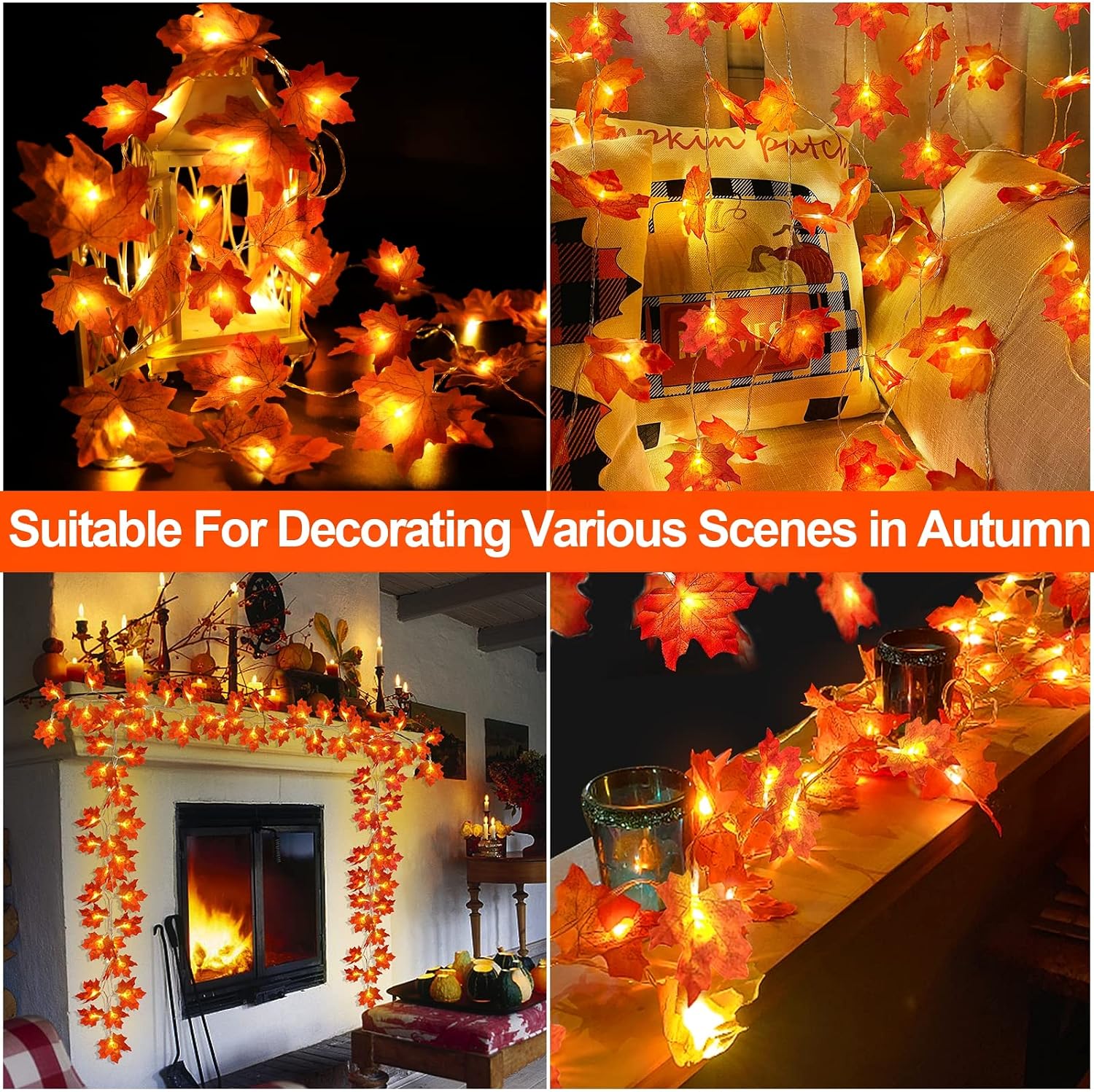 2-Pack Enlarged Maple Leaf LED Garlands, 20ft. Battery-Op Waterproof Fall Decor. - Image 3