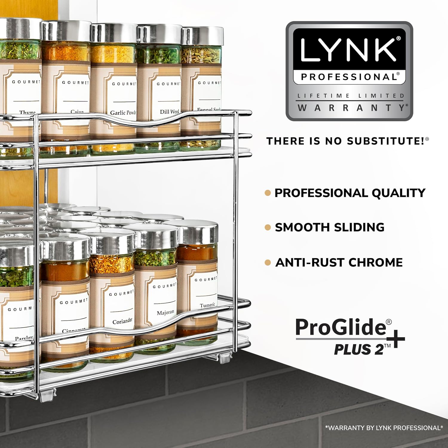 LYNK Professional 10-3/8" Pull-Out 2-Tier Chrome Cabinet Spice Rack - Image 2