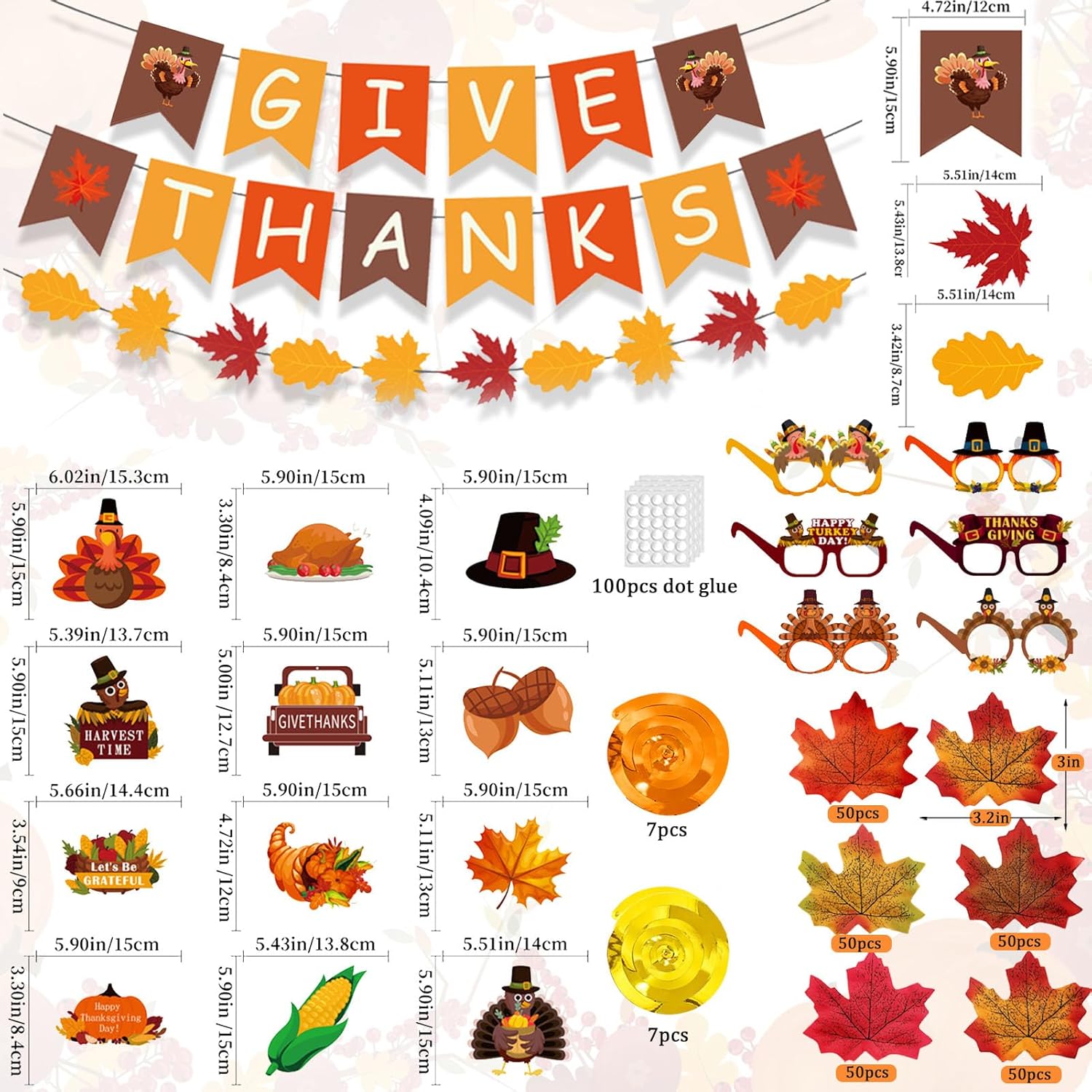 Thanksgiving Decor Set: 'Give Thanks' Banner, Garland, Swirls, Glasses, Leaves. - Image 2