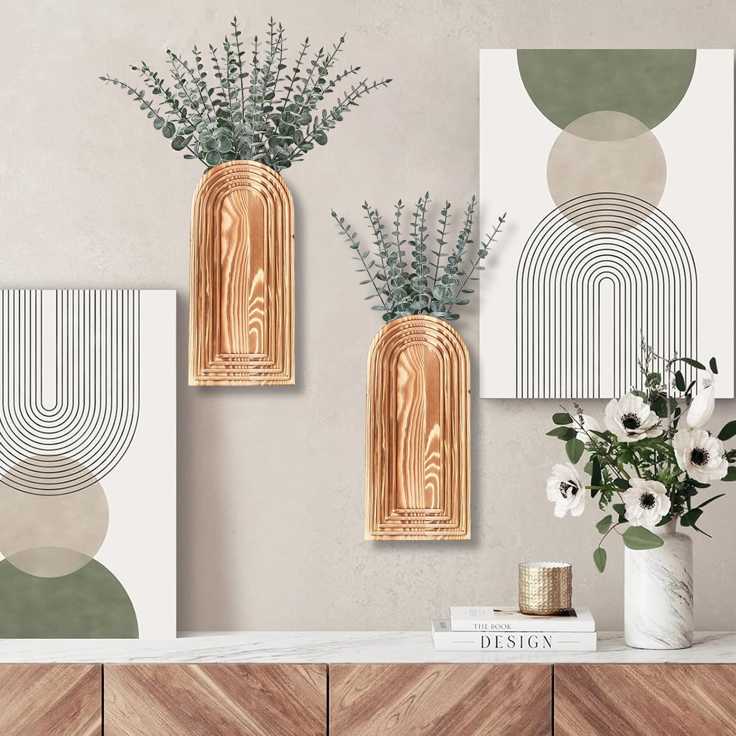 Pair Brown Wooden Wall Vases - Modern Farmhouse Boho Decor - Image 2