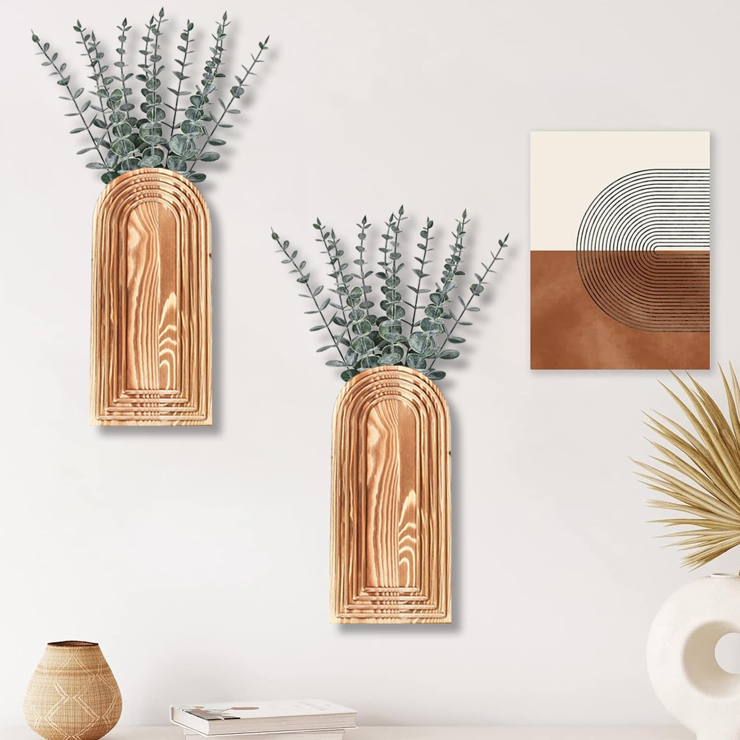 Pair Brown Wooden Wall Vases - Modern Farmhouse Boho Decor - Image 3