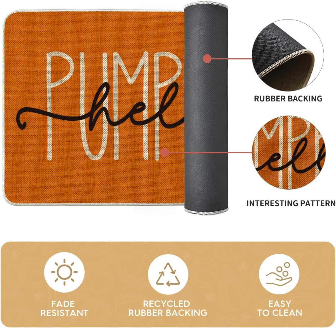 Fall Pumpkin Kitchen Mat Set (2) - Orange Low-Profile Floor Rugs - Image 3