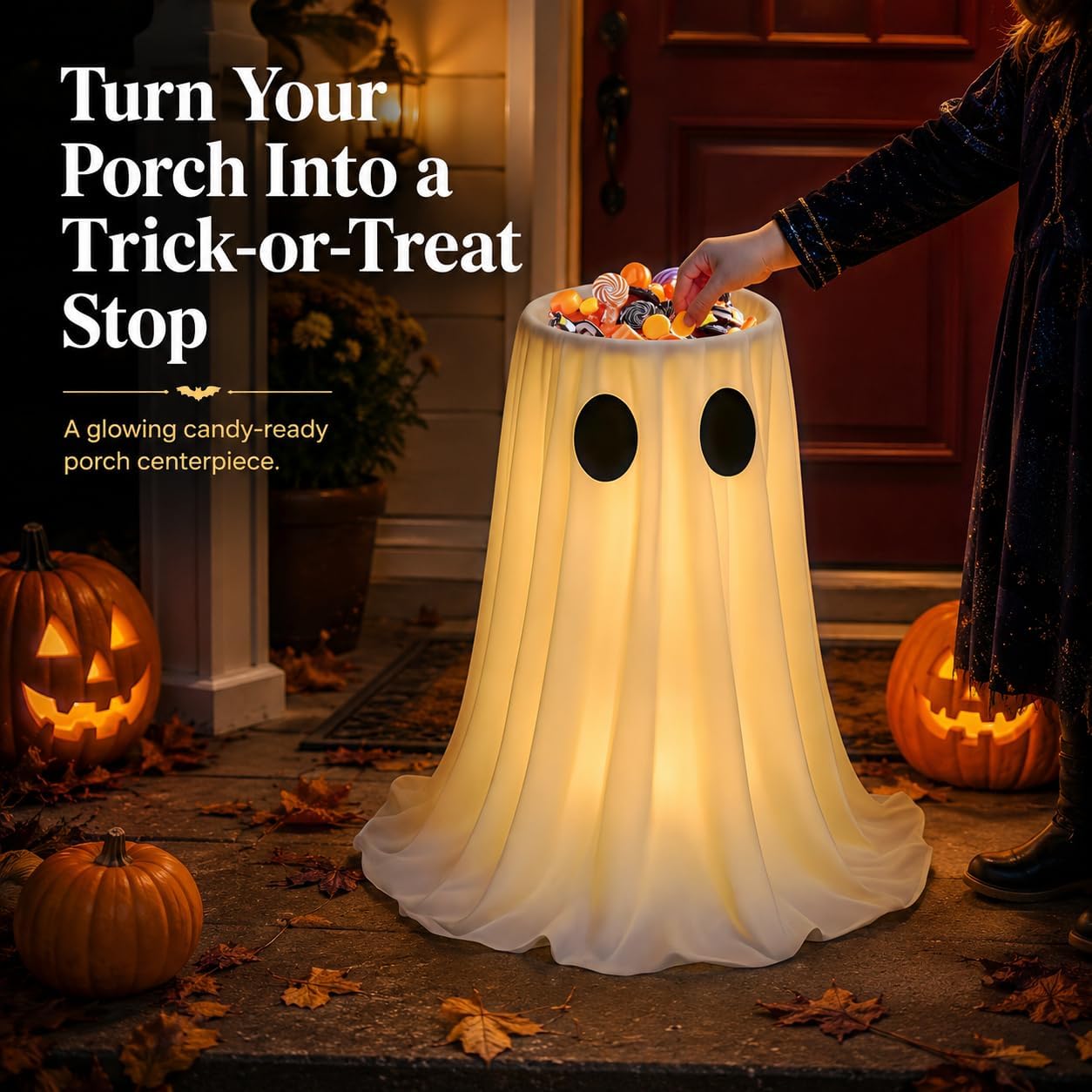 30" Lighted Ghost Candy Bowl with Timer Remote for Outdoor Halloween Decor - Image 4