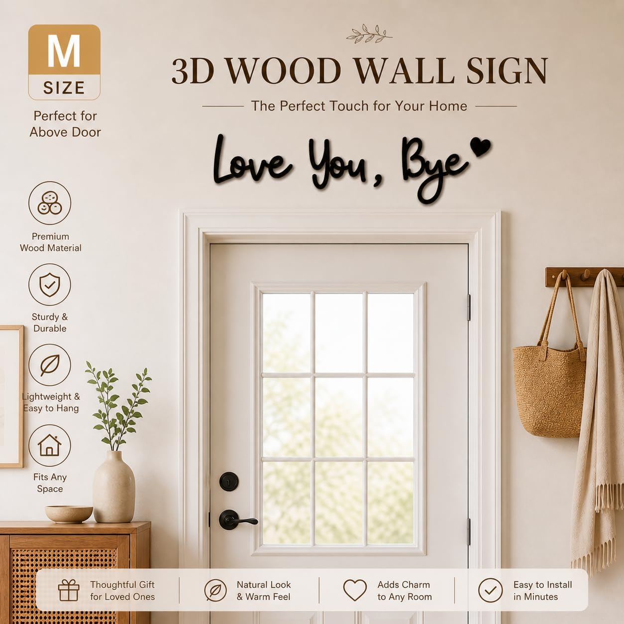 Farmhouse Boho Wooden "Love You Bye" 3D Wall Sign Decor - Image 4