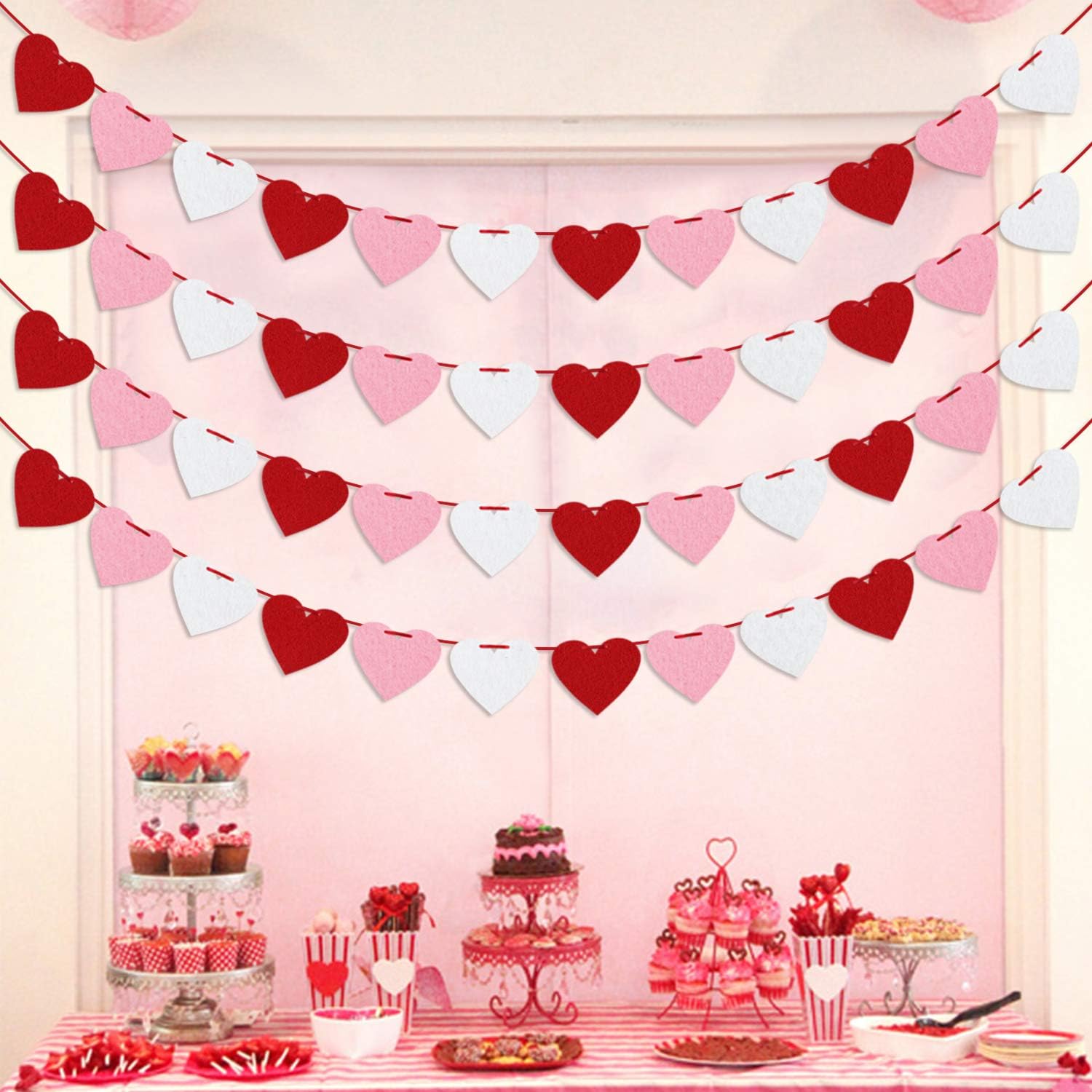 Pre-Strung Red Pink White Felt Heart Garland for Valentine's & Parties - Image 3