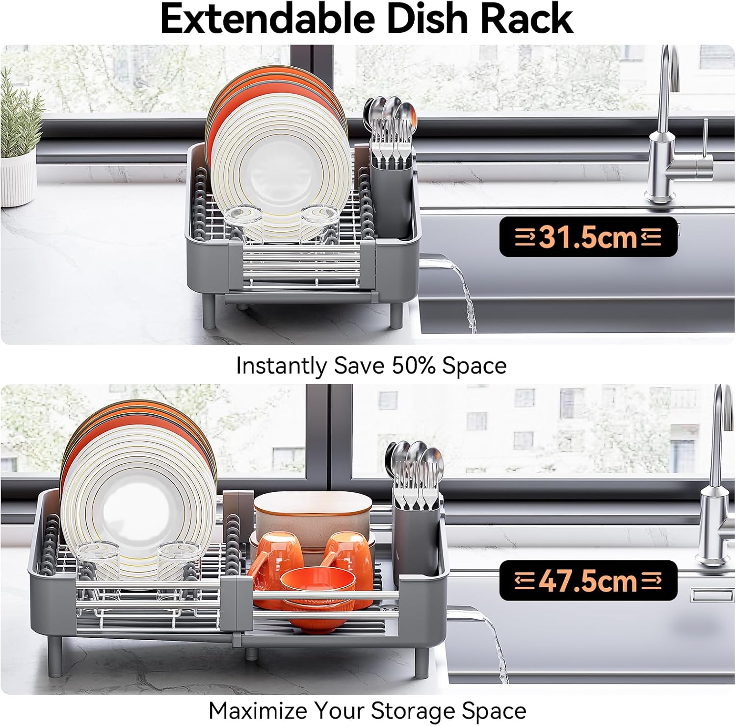 Extendable Stainless Countertop Dish Rack w/ Foldable Drainboard, Utensil Holder & Spout - Image 3