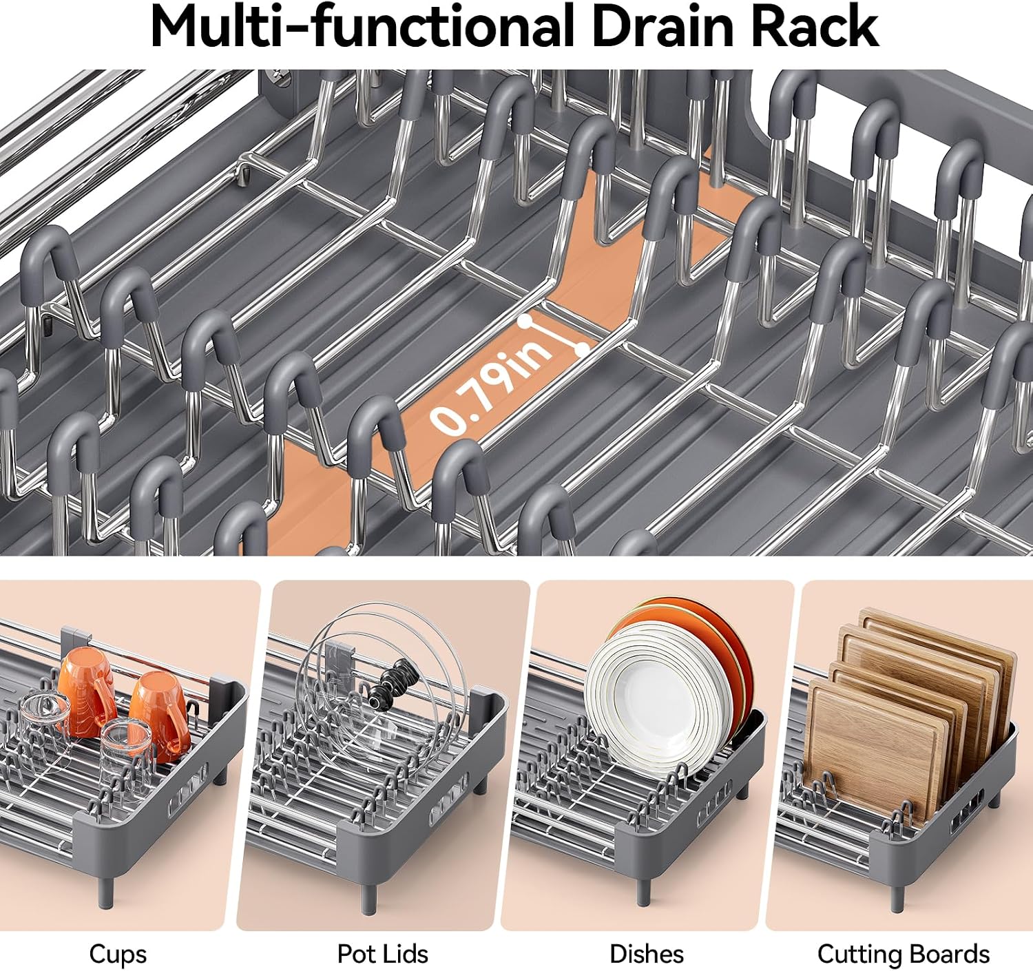 Extendable Stainless Countertop Dish Rack w/ Foldable Drainboard, Utensil Holder & Spout - Image 4