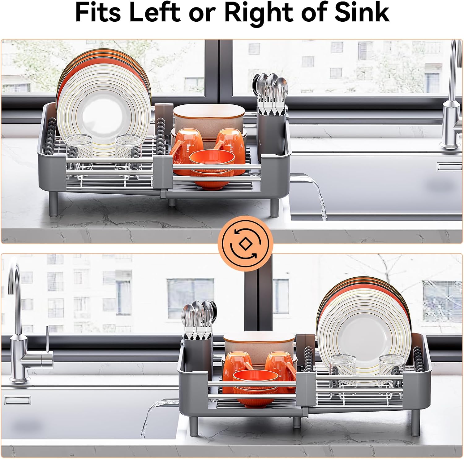 Extendable Stainless Countertop Dish Rack w/ Foldable Drainboard, Utensil Holder & Spout - Image 5