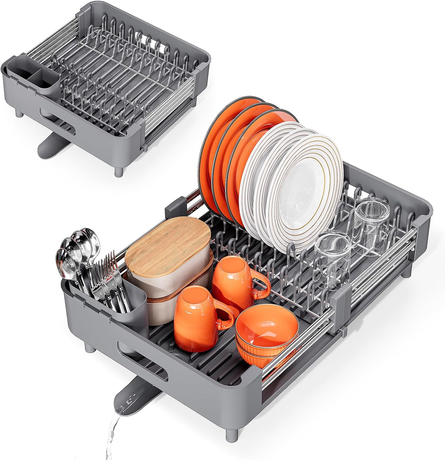 Extendable Stainless Countertop Dish Rack w/ Foldable Drainboard, Utensil Holder & Spout - Image 7