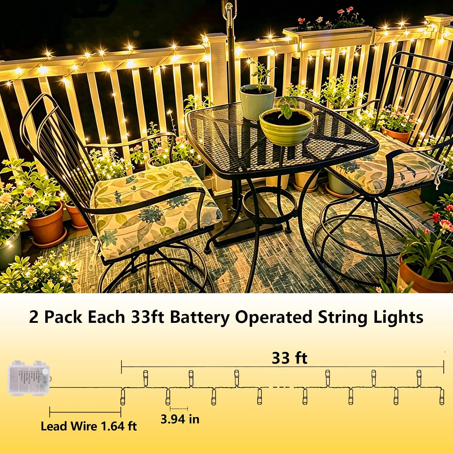 2x33ft 100 LED Warm White Battery String Lights w/ Remote, Indoor/Outdoor - Image 3