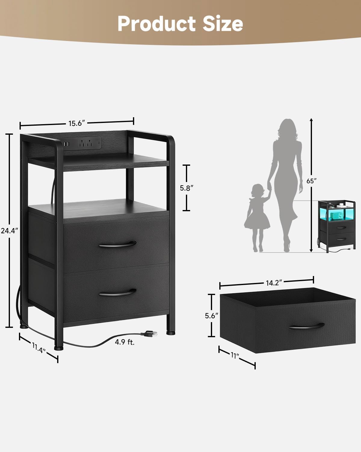 Lazzanto Industrial Nightstand: 2-Drawer, LED, Rear USB/AC Charging. Bedside. - Image 3