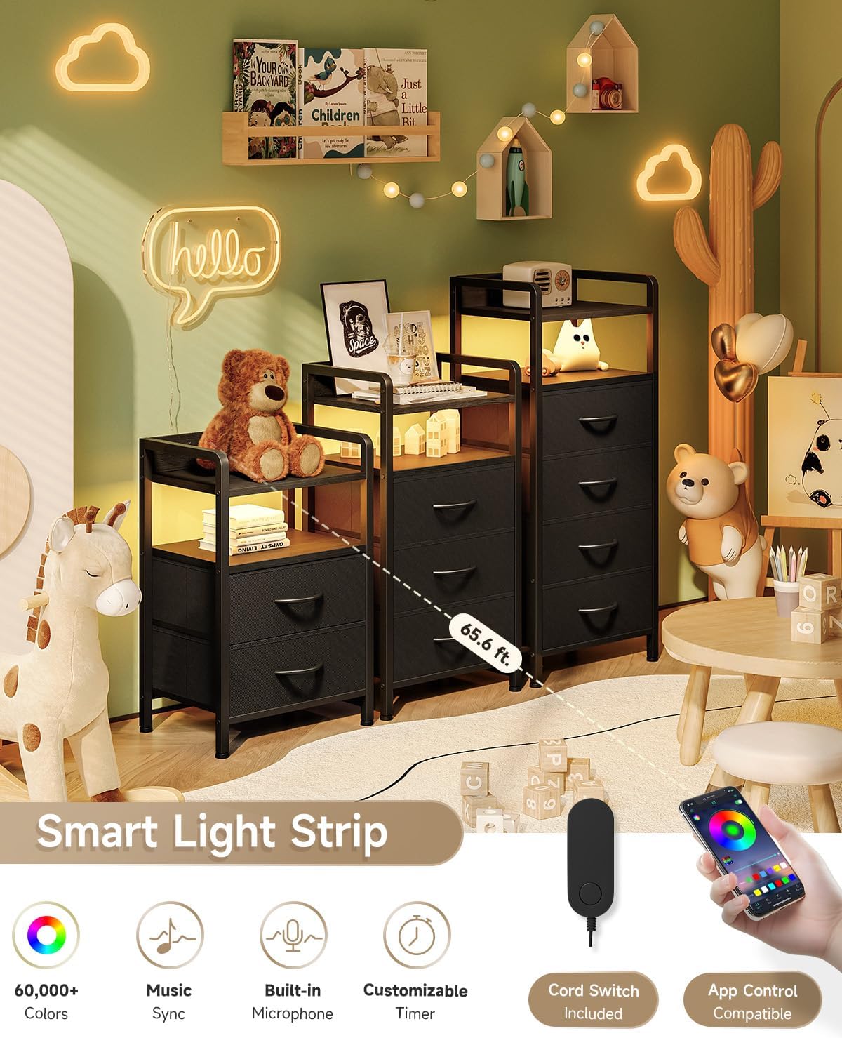 Lazzanto Industrial Nightstand: 2-Drawer, LED, Rear USB/AC Charging. Bedside. - Image 4