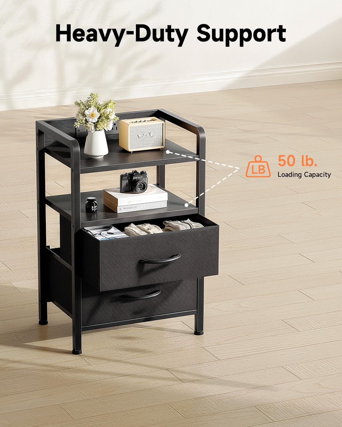 Lazzanto Industrial Nightstand: 2-Drawer, LED, Rear USB/AC Charging. Bedside. - Image 5
