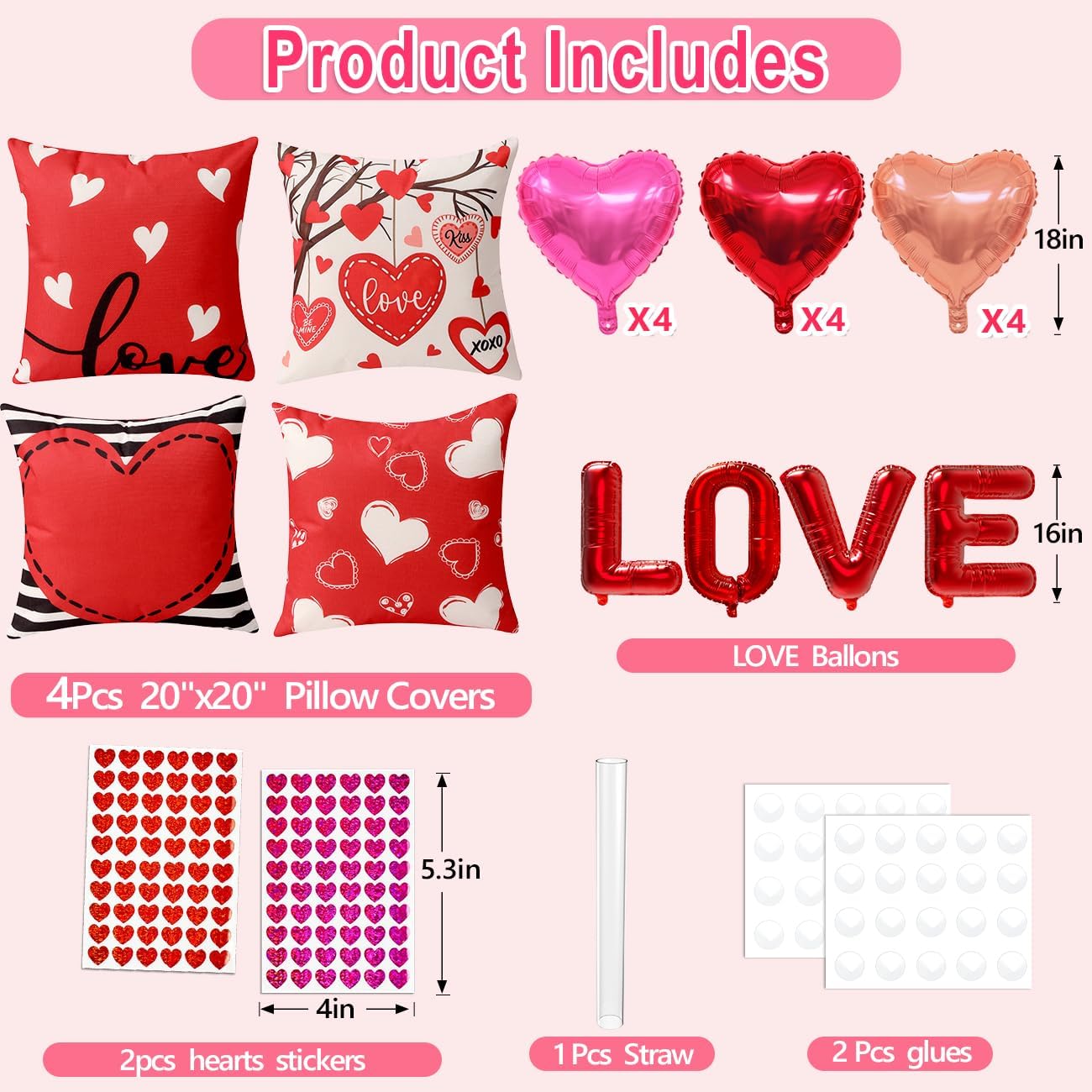 Multiwins Valentine Decor Kit: 4 Reversible Pillow Covers, Balloons & Stickers. - Image 3