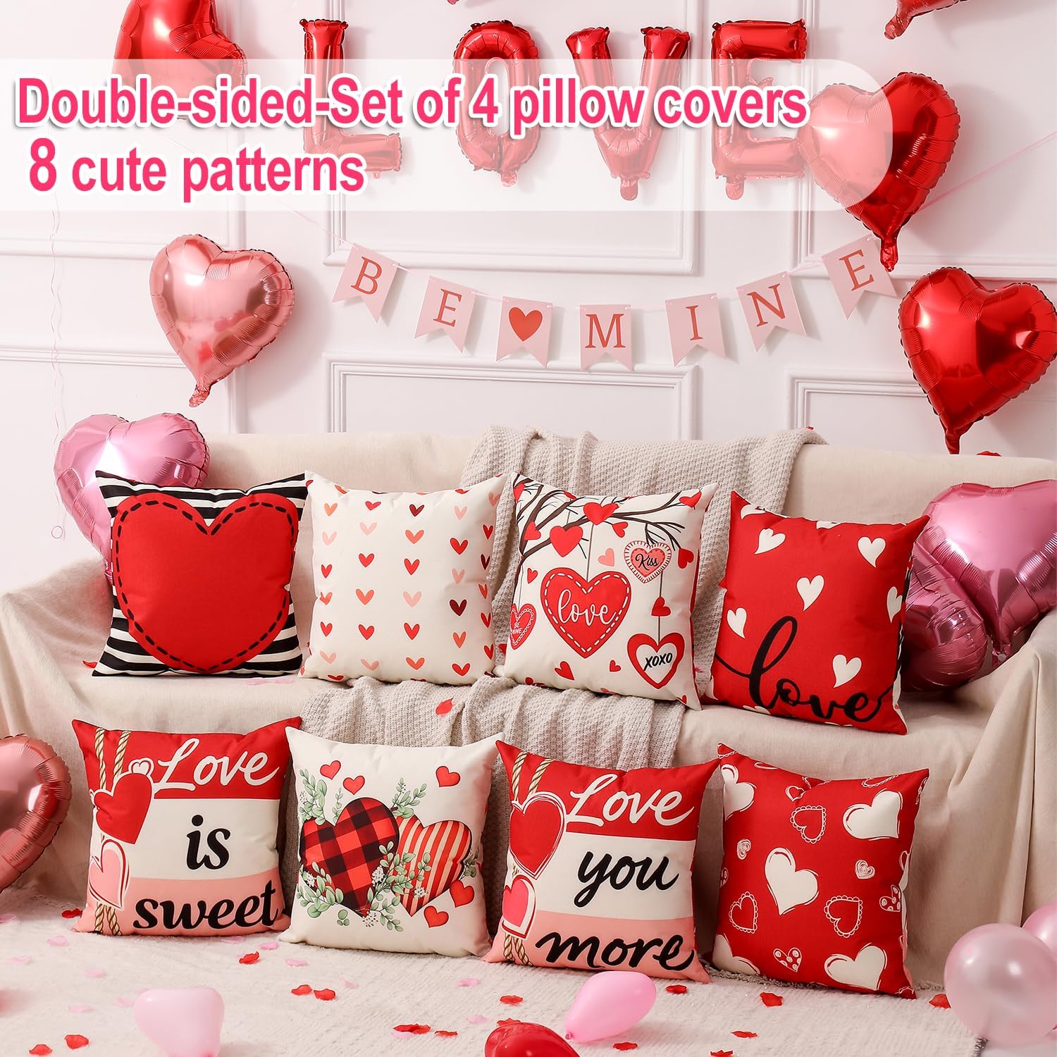 Multiwins Valentine Decor Kit: 4 Reversible Pillow Covers, Balloons & Stickers. - Image 4