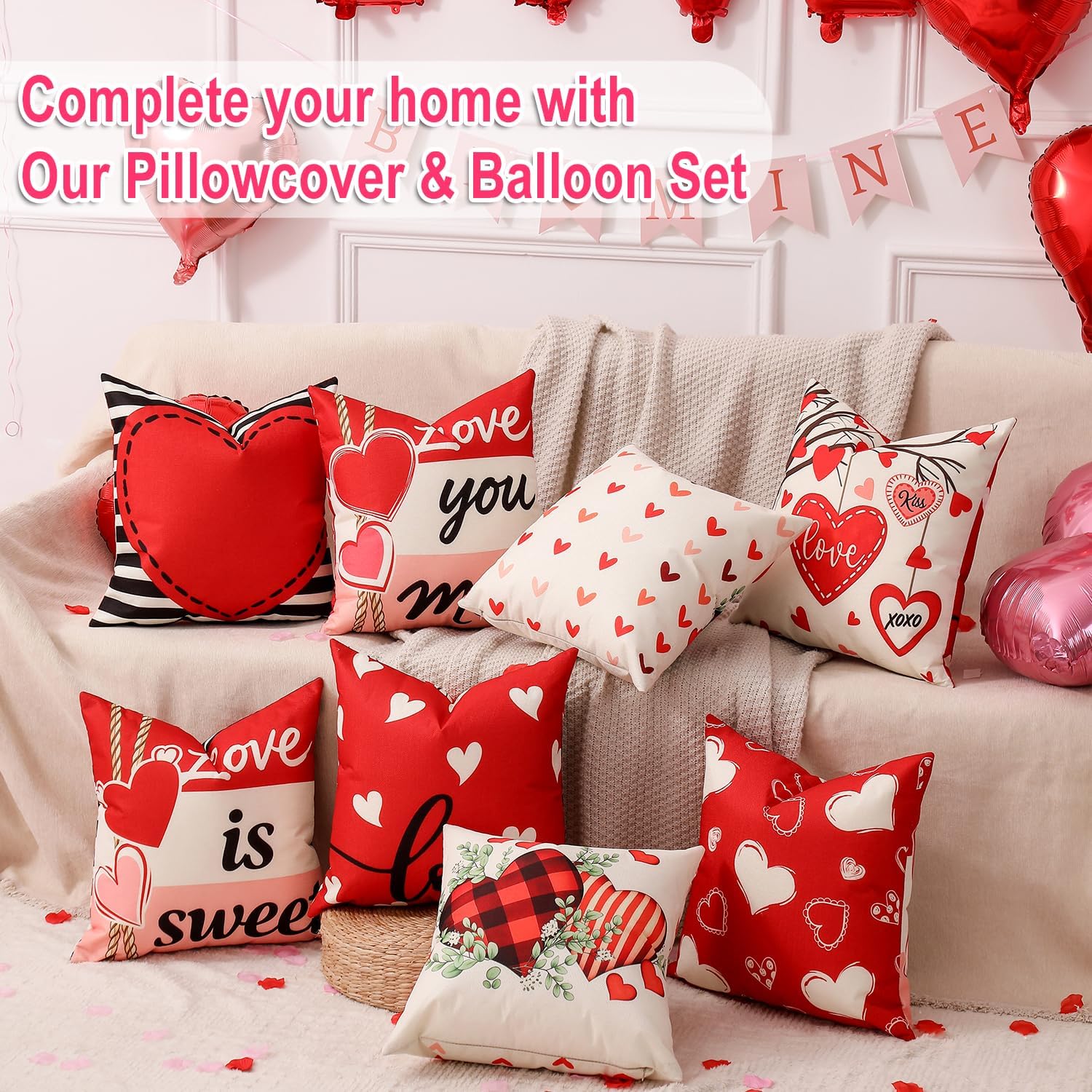 Multiwins Valentine Decor Kit: 4 Reversible Pillow Covers, Balloons & Stickers. - Image 5