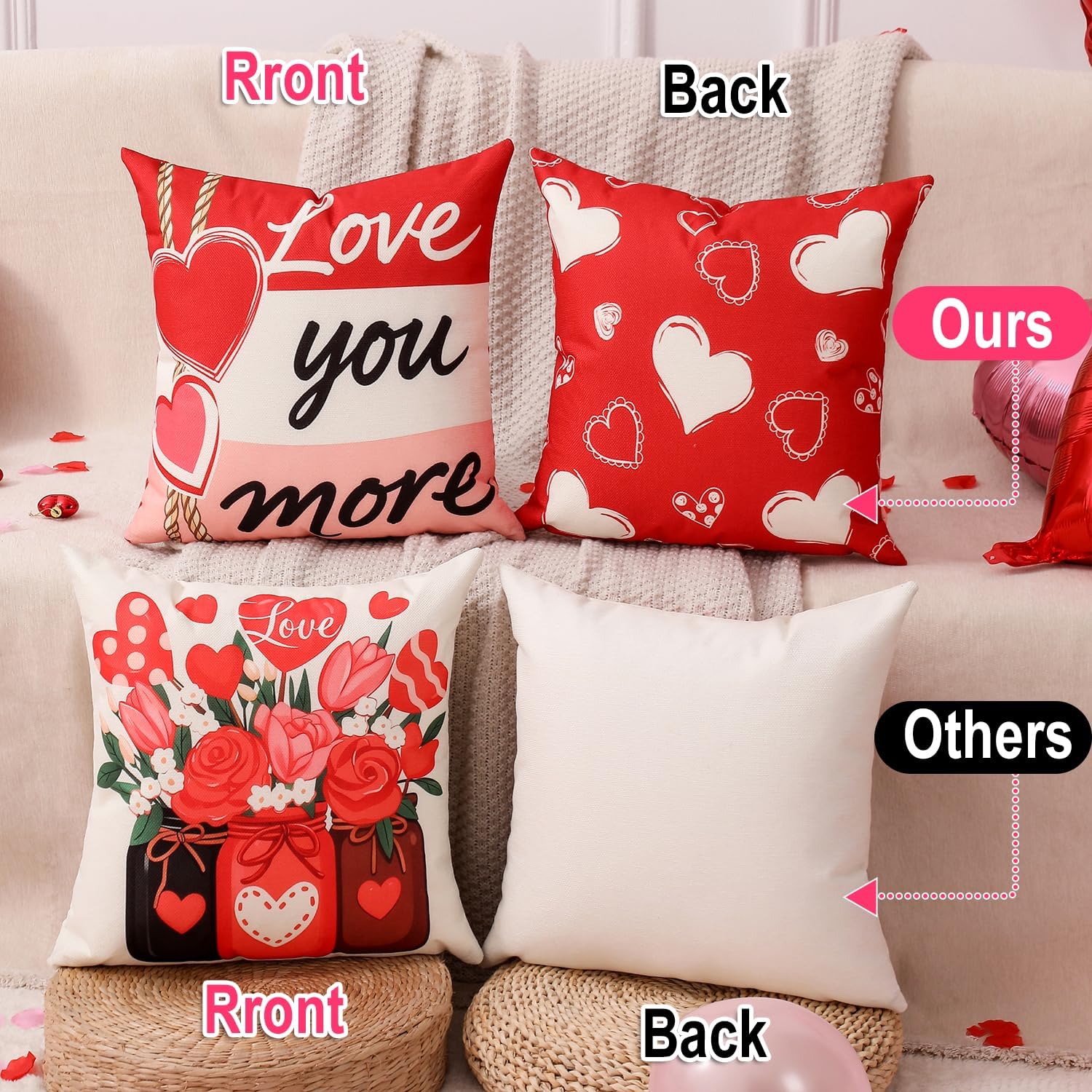 Multiwins Valentine Decor Kit: 4 Reversible Pillow Covers, Balloons & Stickers. - Image 6