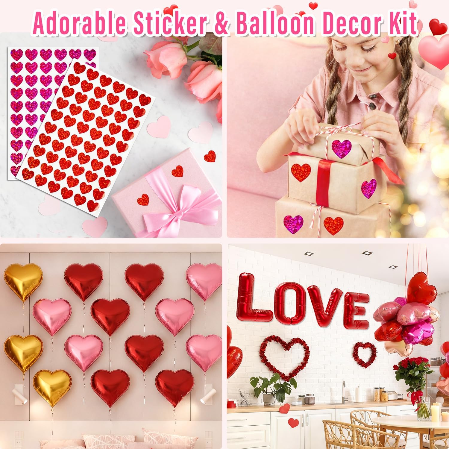 Multiwins Valentine Decor Kit: 4 Reversible Pillow Covers, Balloons & Stickers. - Image 7