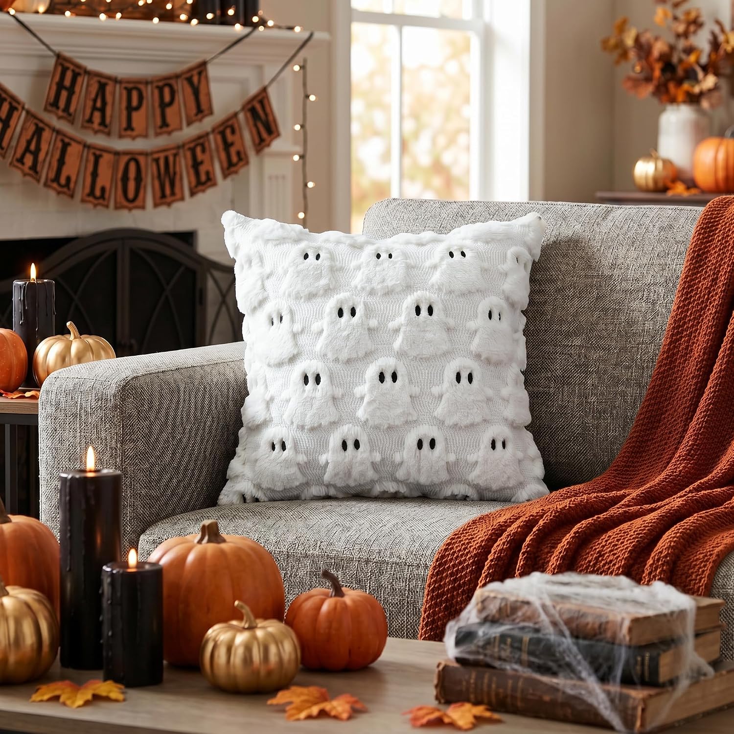 18x18 White Faux Fur Halloween Ghost Pillow Covers (Set of 2) - Image 3