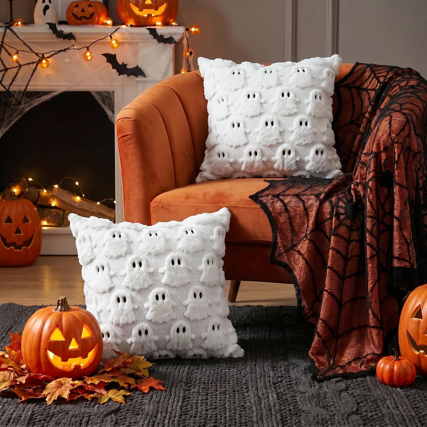 18x18 White Faux Fur Halloween Ghost Pillow Covers (Set of 2) - Image 4