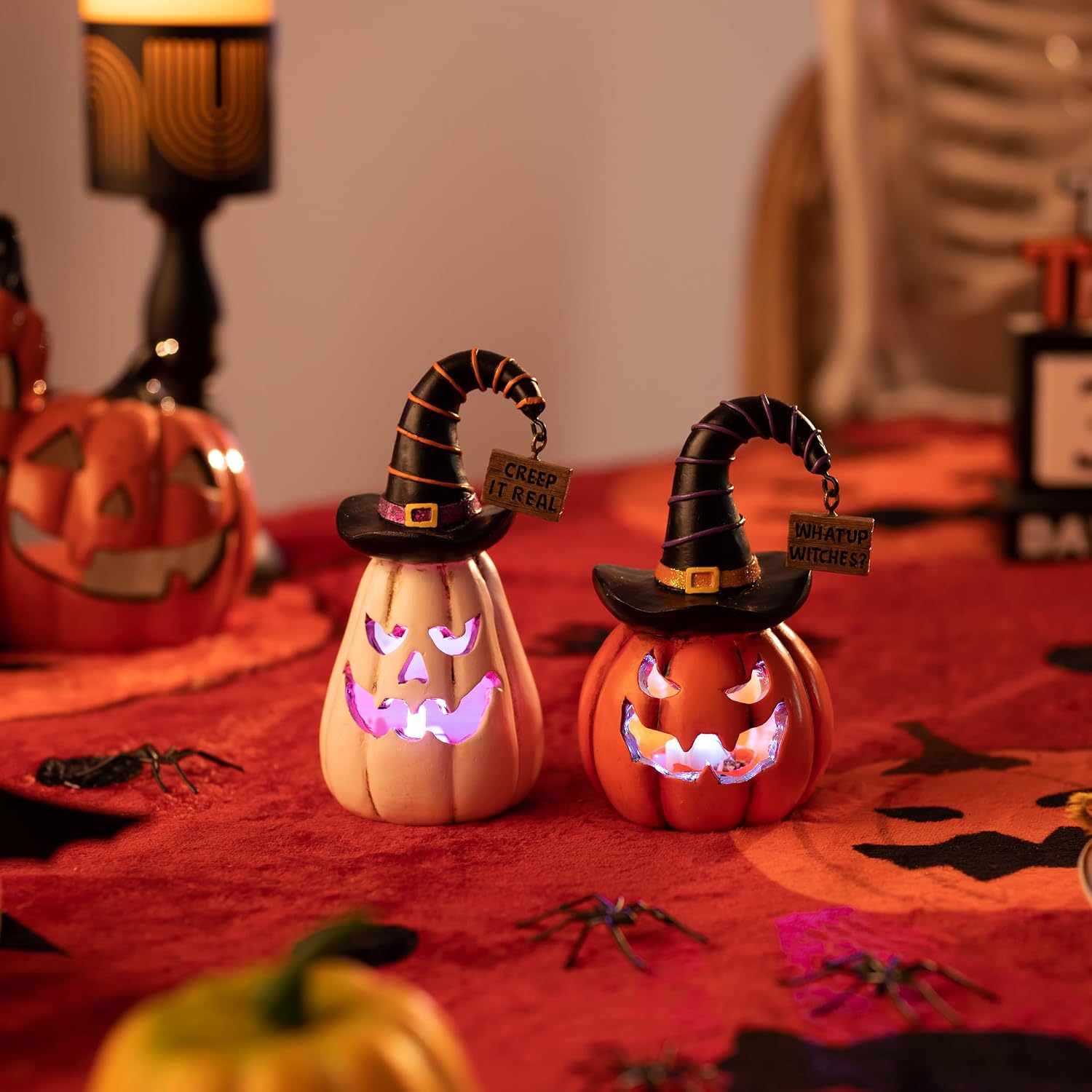 Valery Madelyn 2x 5.7" Light-Up White/Orange Resin Halloween Pumpkins w/ Hats Review - Image 4
