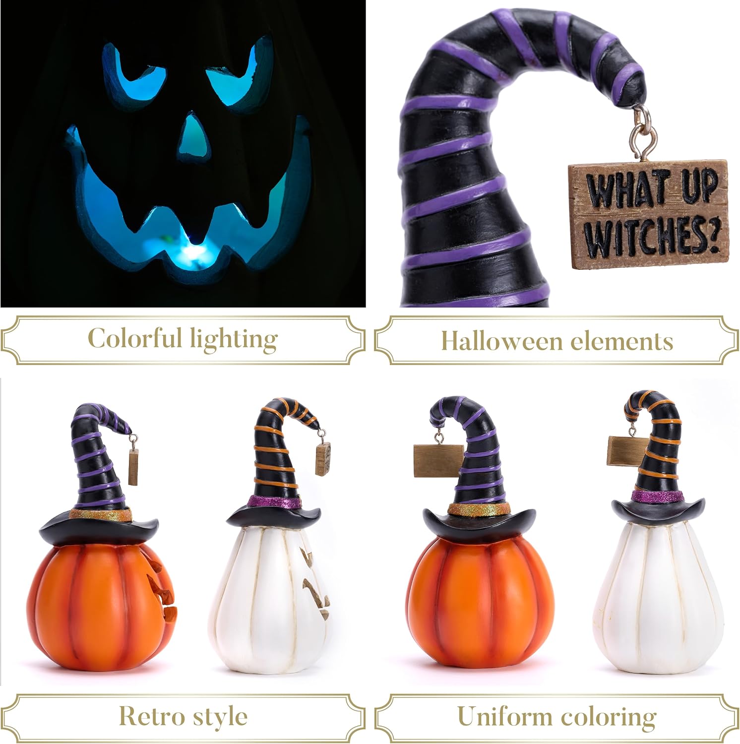 Valery Madelyn 2x 5.7" Light-Up White/Orange Resin Halloween Pumpkins w/ Hats Review - Image 5
