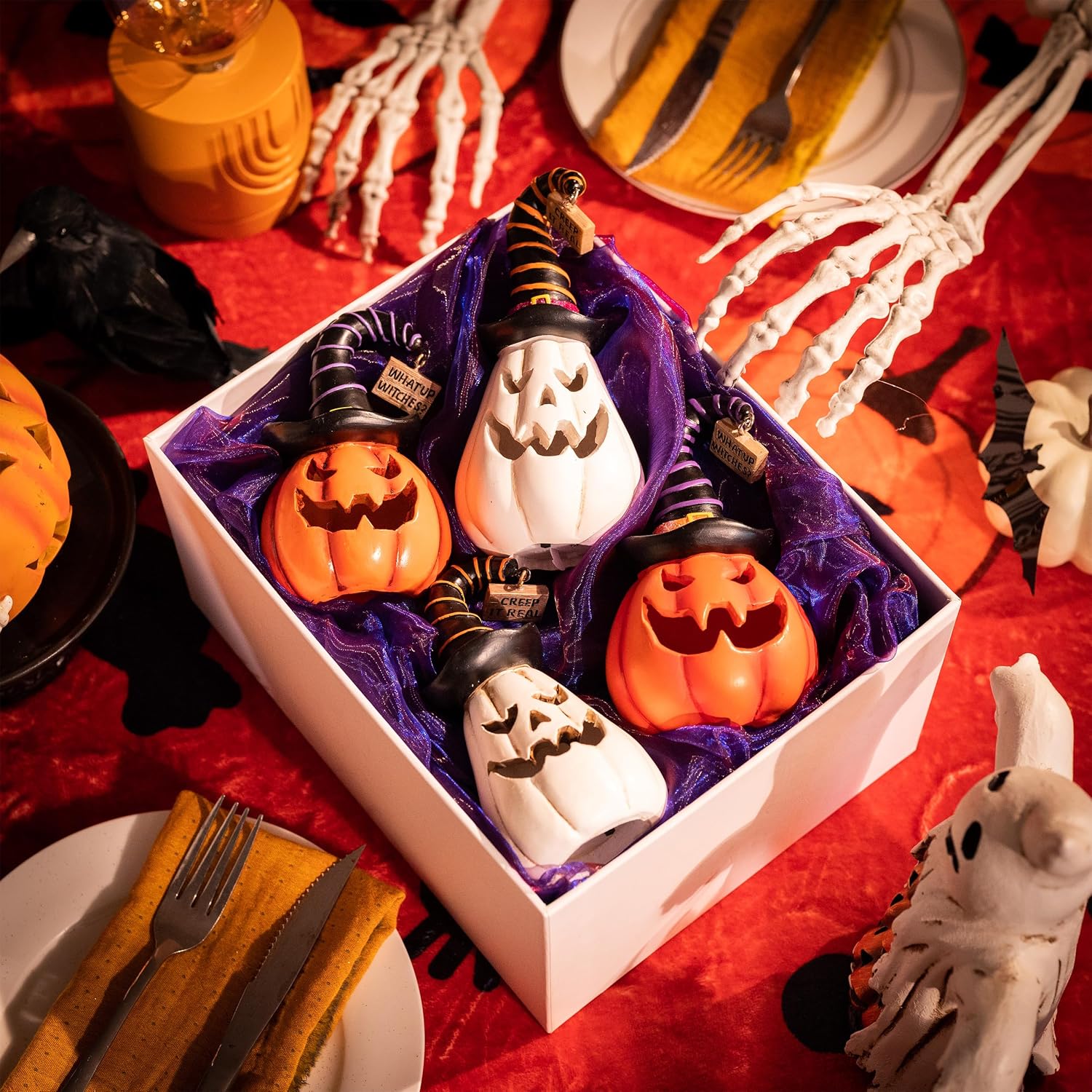 Valery Madelyn 2x 5.7" Light-Up White/Orange Resin Halloween Pumpkins w/ Hats Review - Image 6
