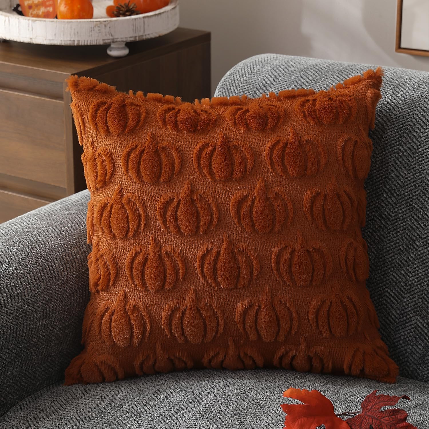 Set of 2 DFXSZ 18x18 Faux Fur Rust Pumpkin Fall Pillow Covers - Image 3