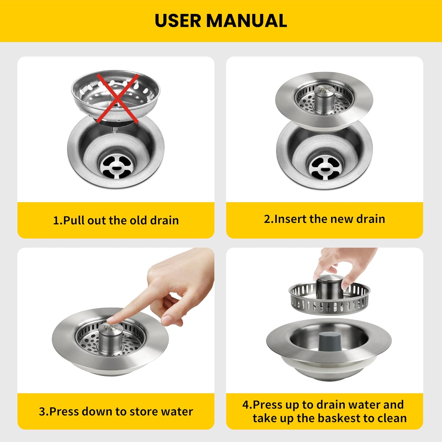 YMS 304 Stainless 5-in-1 Pop-up Sink Strainer/Filter: Food, Odor, Standard Drains. - Image 3