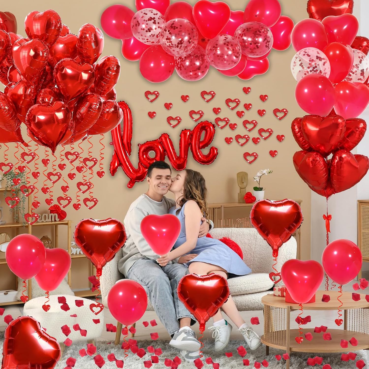 Red Valentine Decor: Heart Balloons, Petals & Hanging Hearts for Wedding, Anniversary. - Image 3
