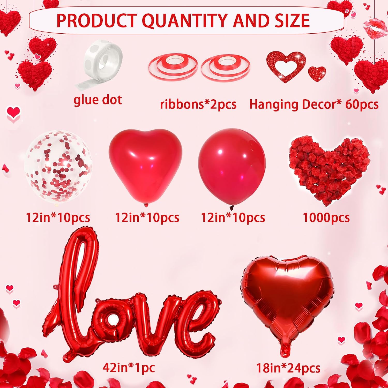 Red Valentine Decor: Heart Balloons, Petals & Hanging Hearts for Wedding, Anniversary. - Image 4