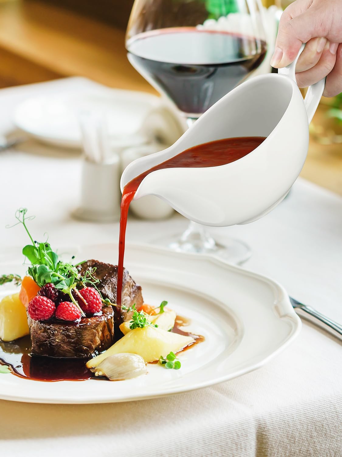 White Ceramic Sauce Boat (18oz) with Saucer: Easy Pour, No Drip, Microwave/Dishwasher Safe. - Image 5