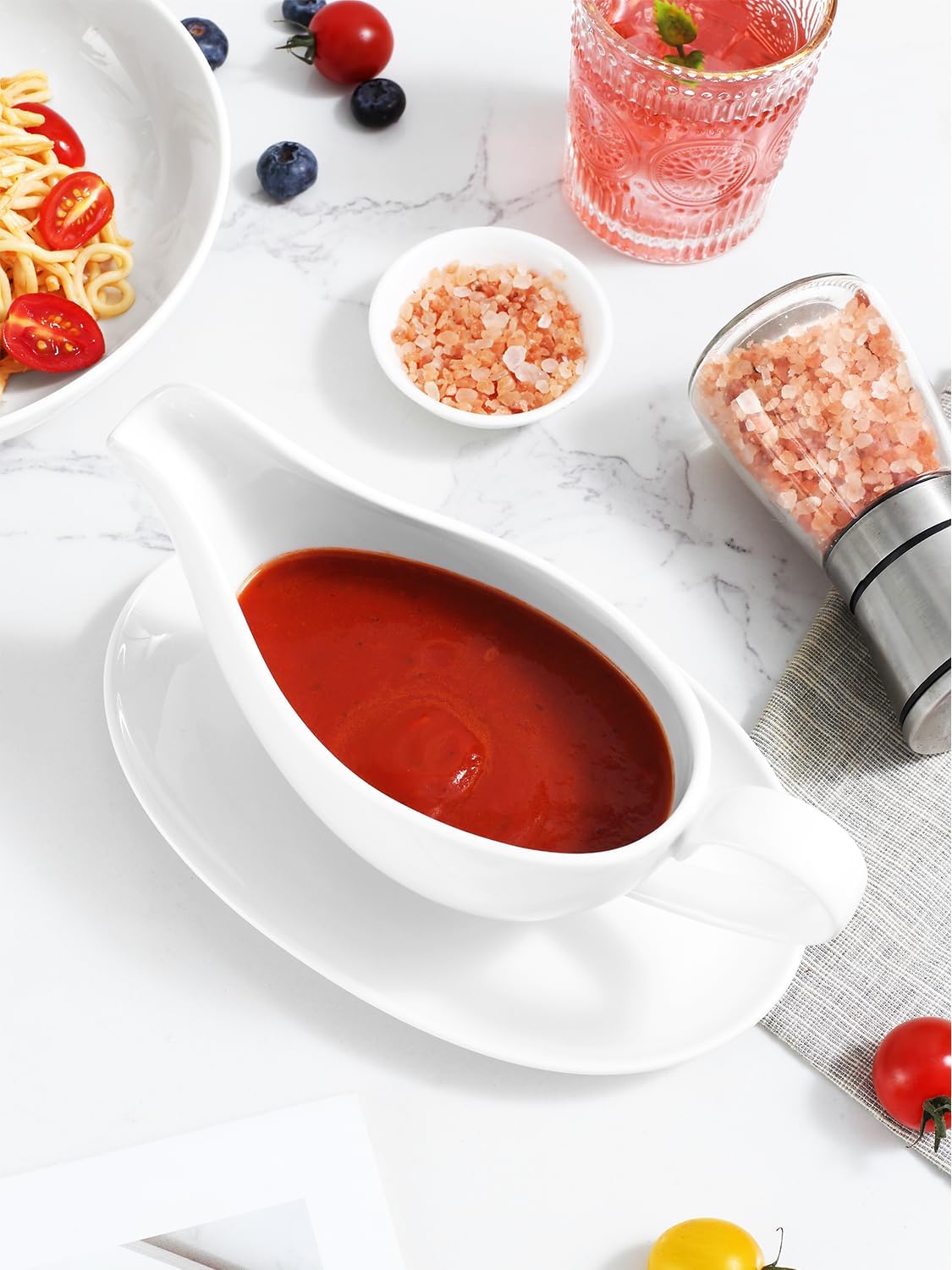 White Ceramic Sauce Boat (18oz) with Saucer: Easy Pour, No Drip, Microwave/Dishwasher Safe. - Image 6