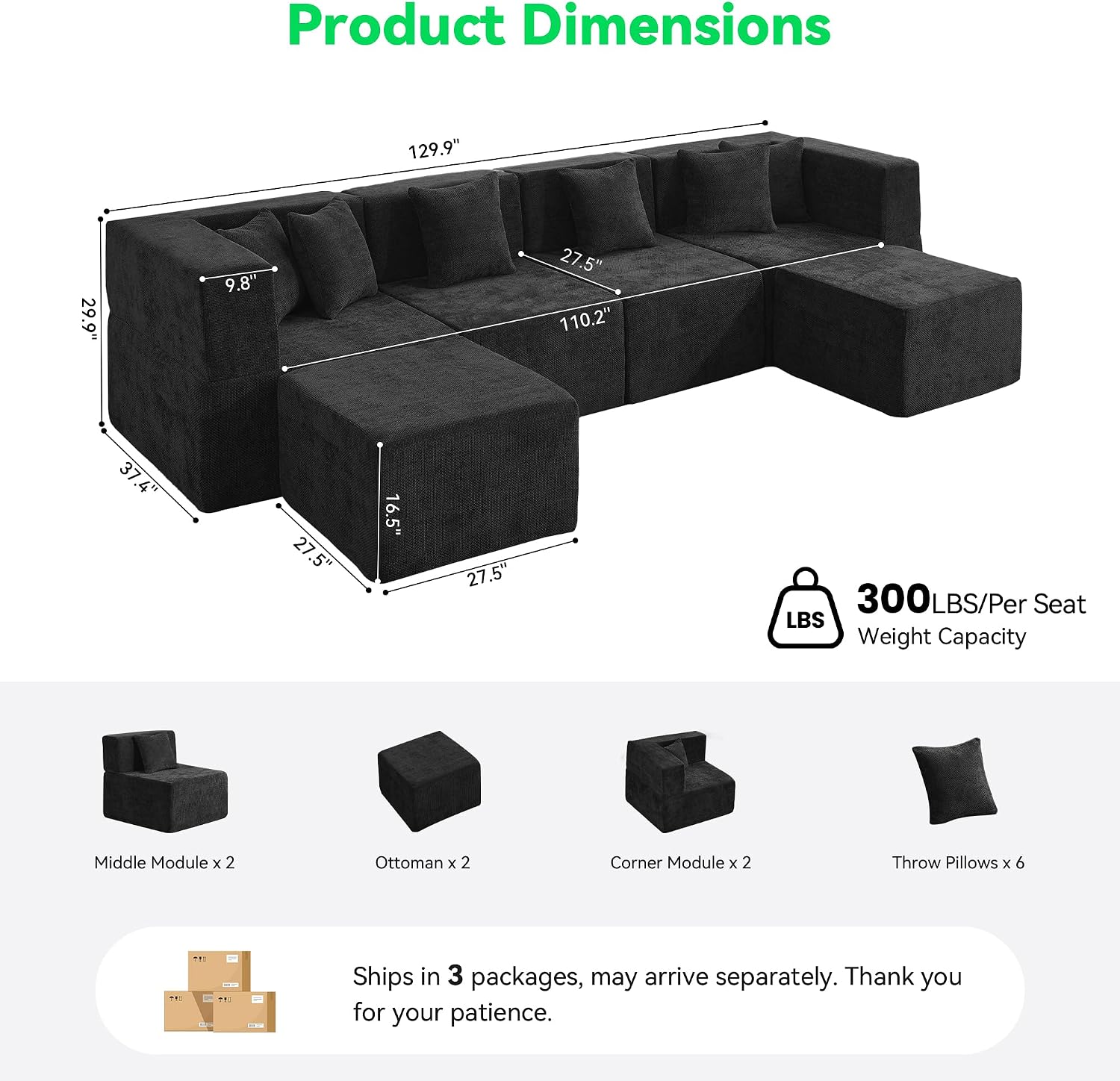 MONVANE Oversized U-Shaped Boneless Chenille Sectional: 6-Seat, Ottoman, No Assembly. - Image 3