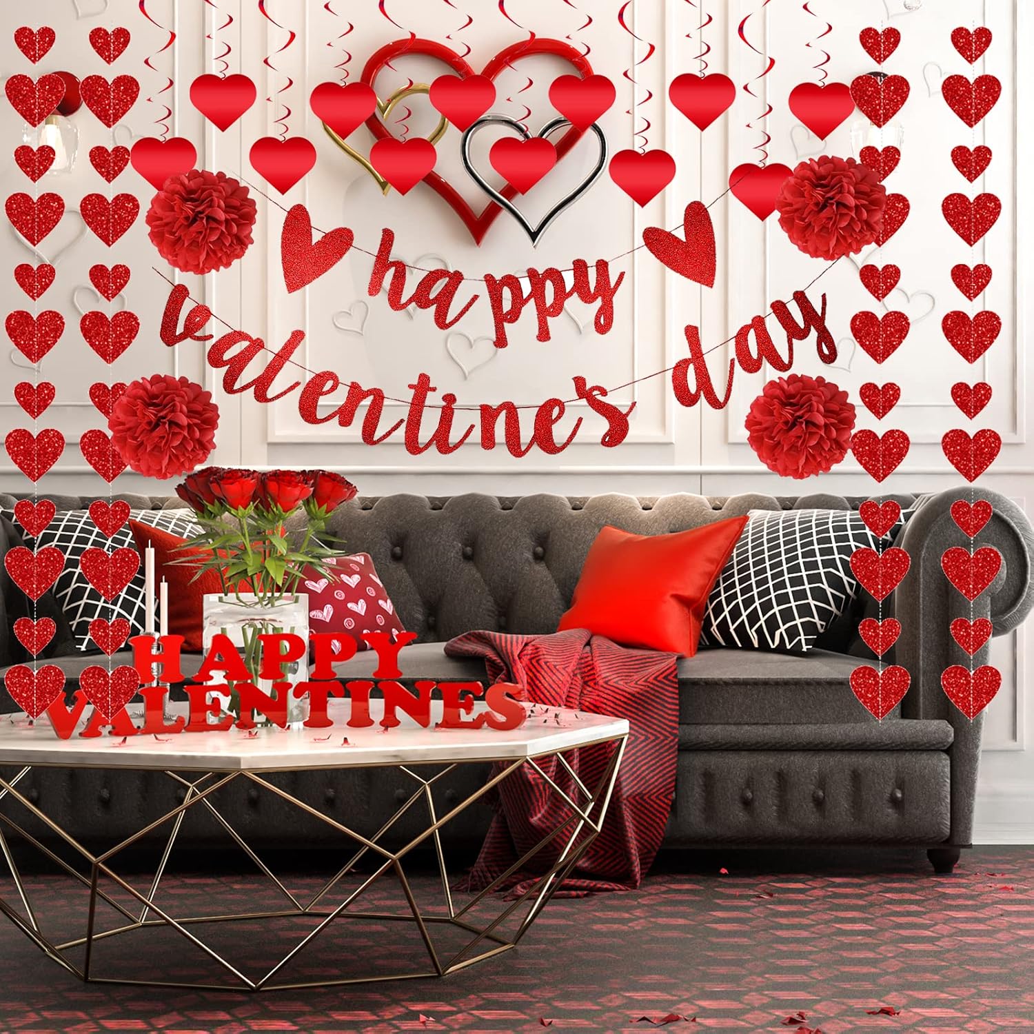 Red Valentine's Day Decor Set Review: 22pc Pre-Assembled Heart Swirls/Banner - Image 5