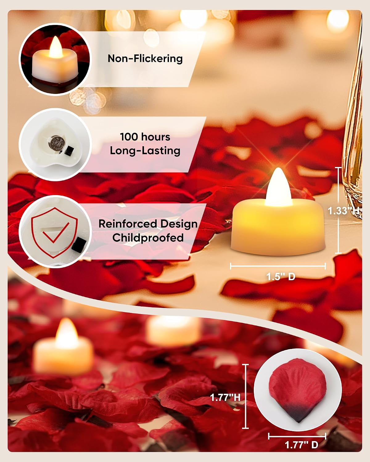 Rose Petals & 12 Heart LED Candles Kit for Romantic Proposals & Decor - Image 5