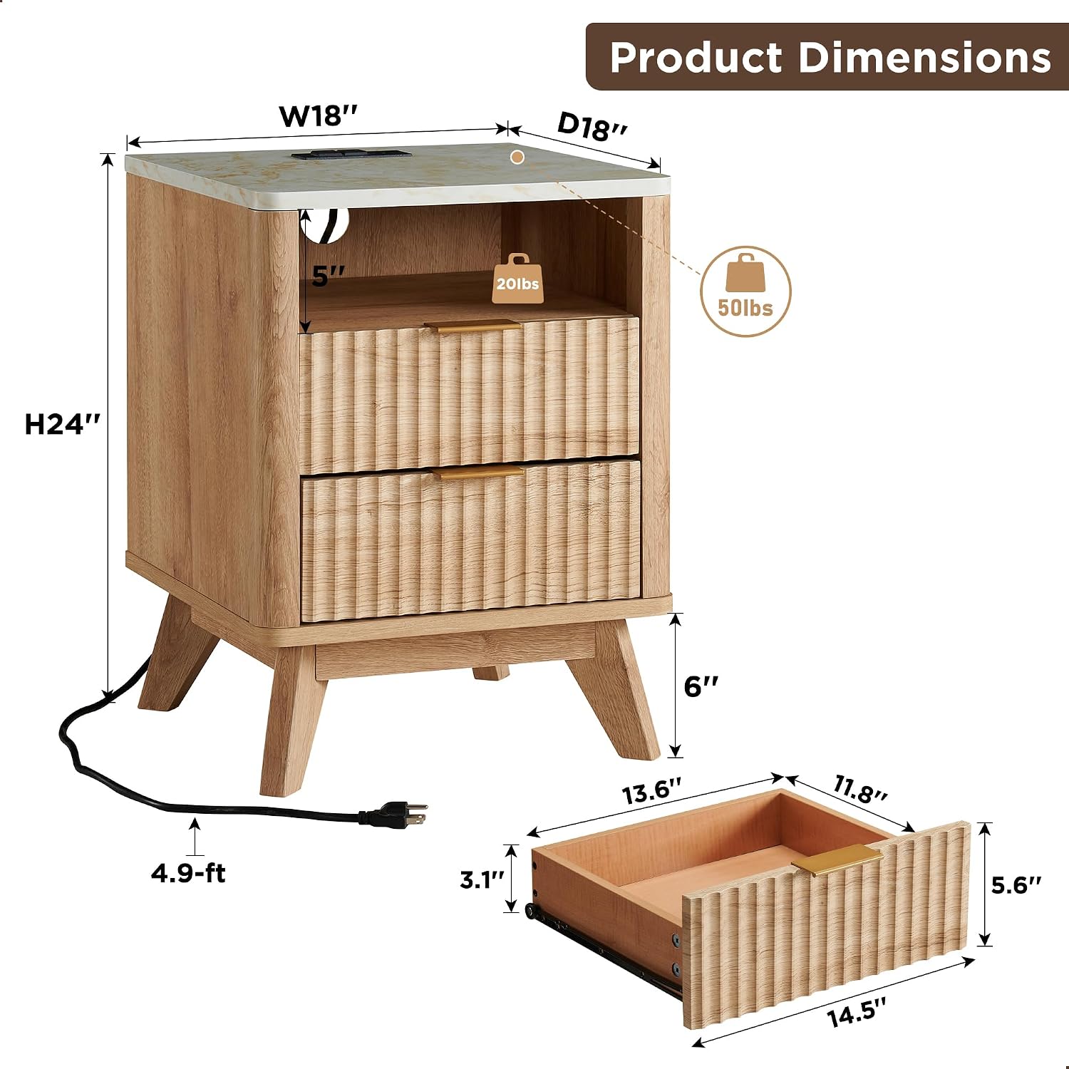 Dual MCM Nightstands Review: Fluted, Curved, Charging & Faux Marble Tops. - Image 3