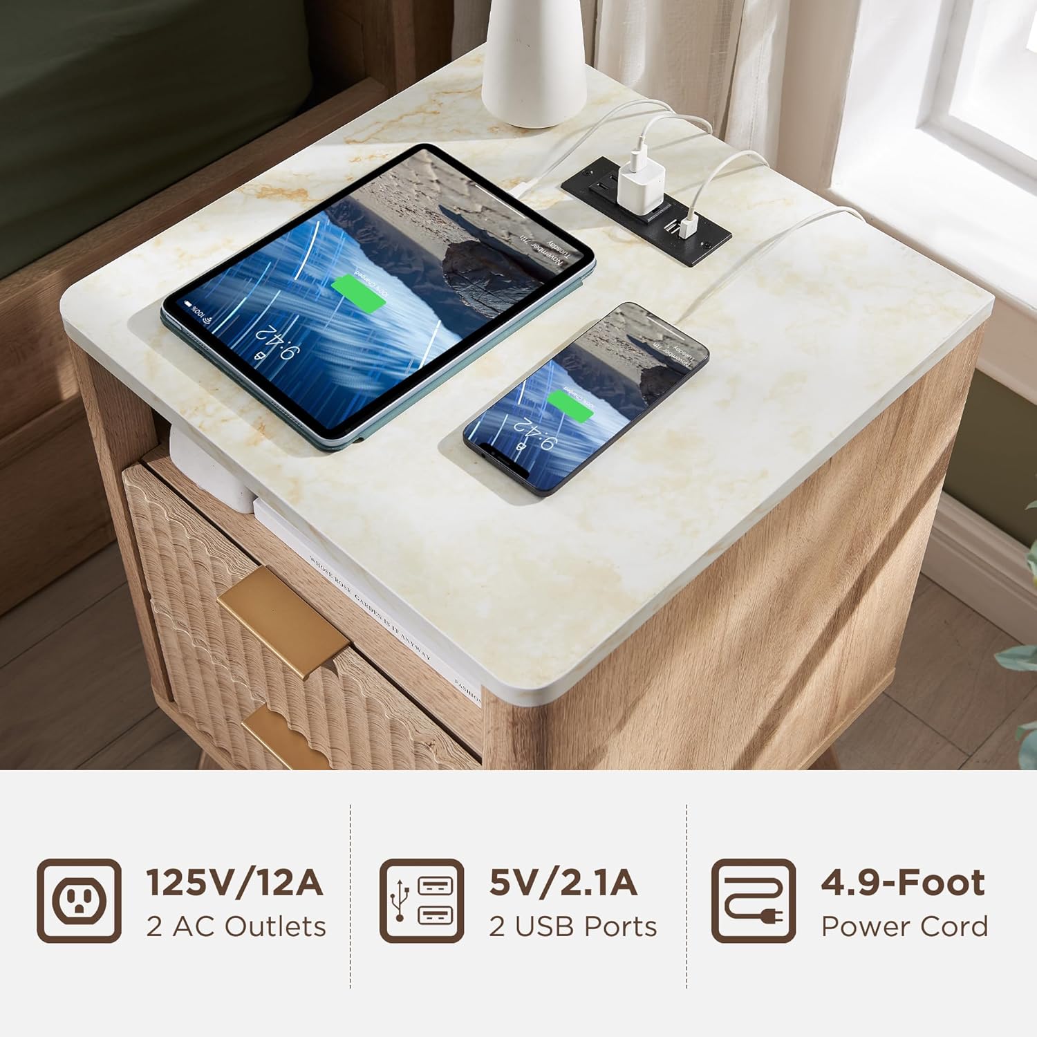 Dual MCM Nightstands Review: Fluted, Curved, Charging & Faux Marble Tops. - Image 4