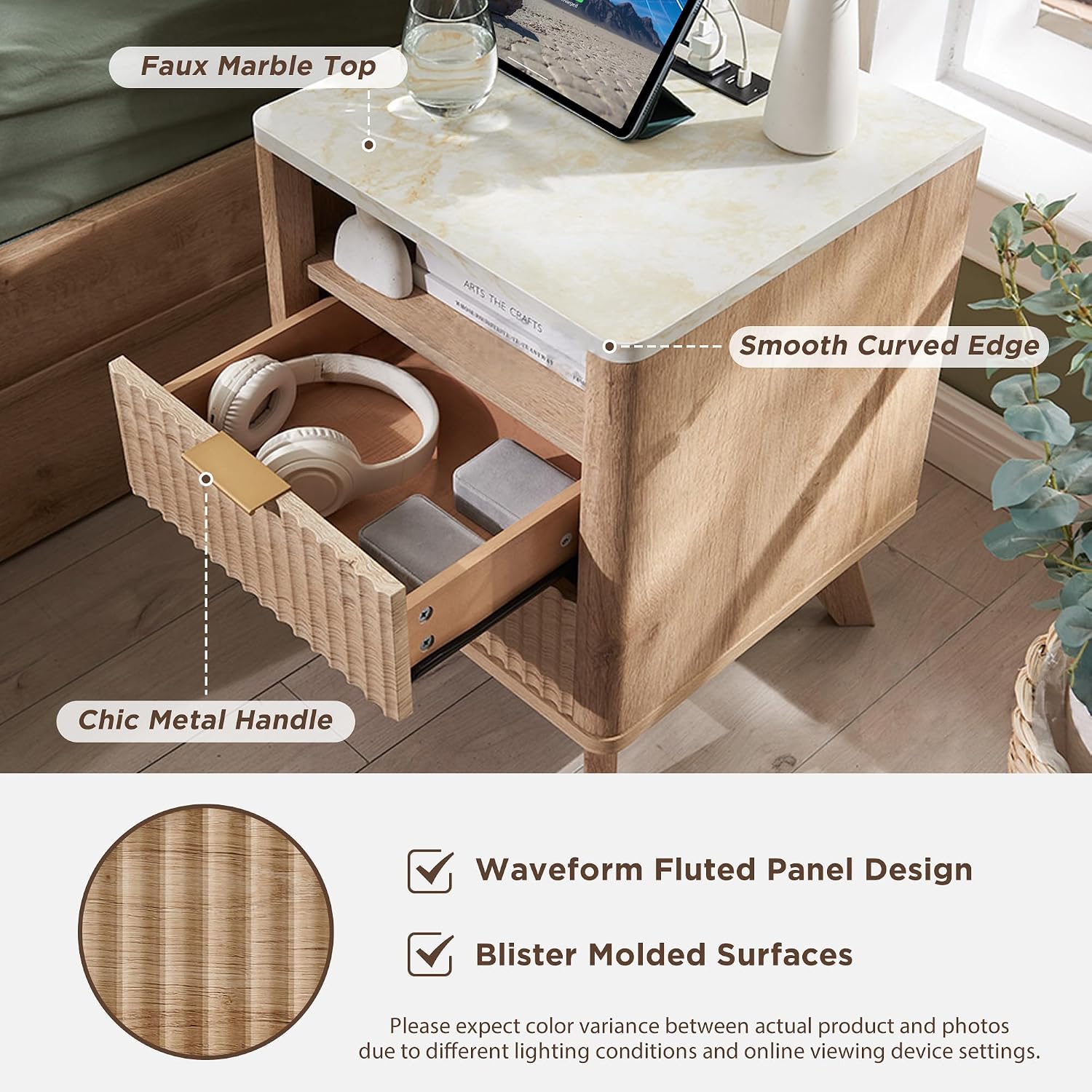 Dual MCM Nightstands Review: Fluted, Curved, Charging & Faux Marble Tops. - Image 5