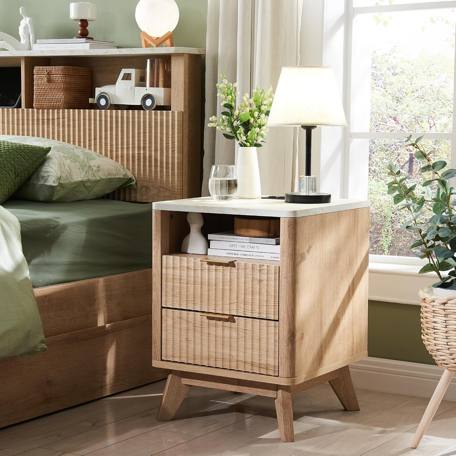 Dual MCM Nightstands Review: Fluted, Curved, Charging & Faux Marble Tops. - Image 7