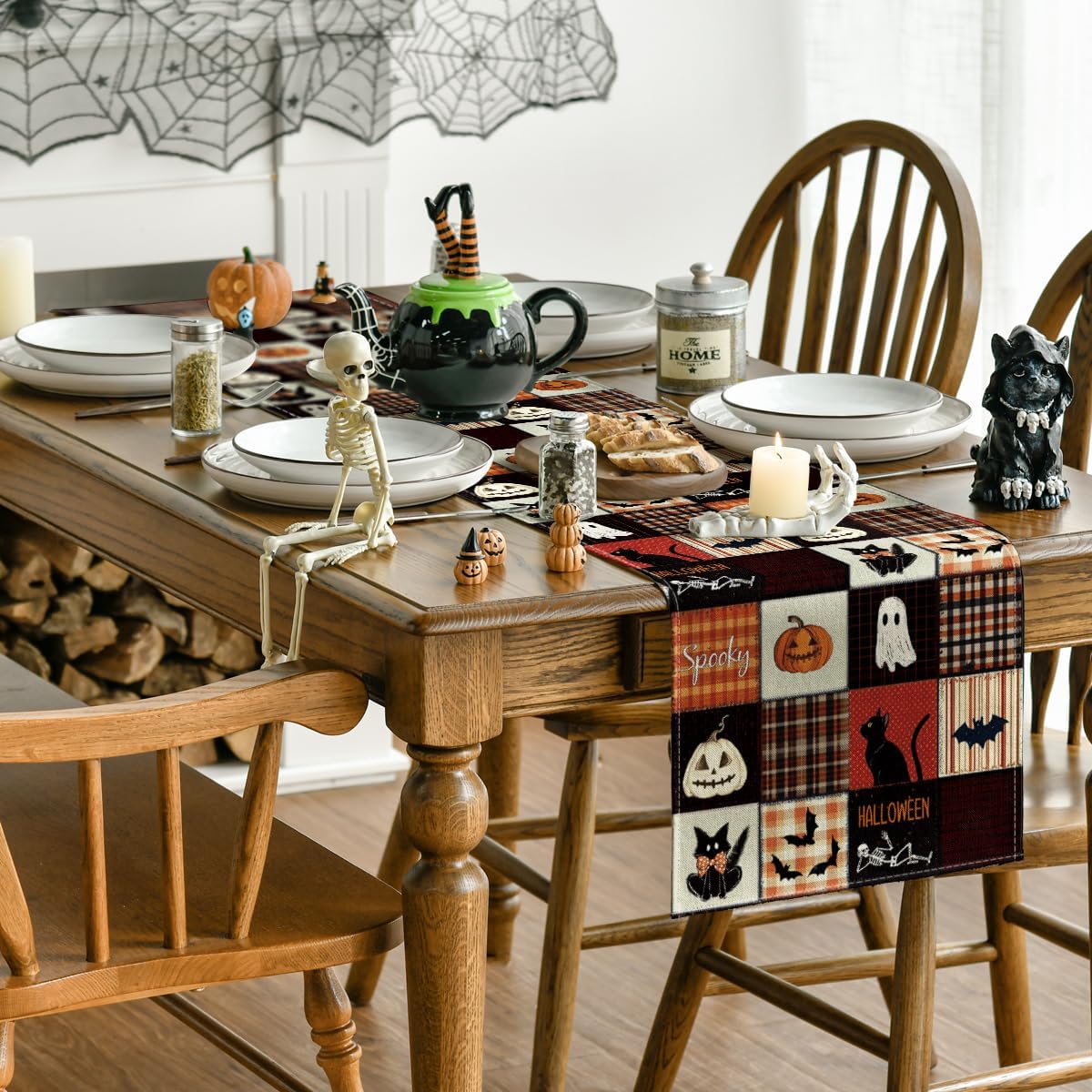 13x72 Halloween Table Runner: Spooky Black Cat Bat Pumpkin Home Decor - Image 3