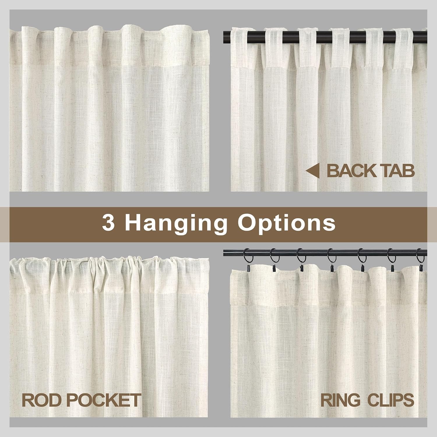 84" Ivory Cream Linen Semi-Sheer Back Tab Curtains: Farmhouse Pair - Image 3