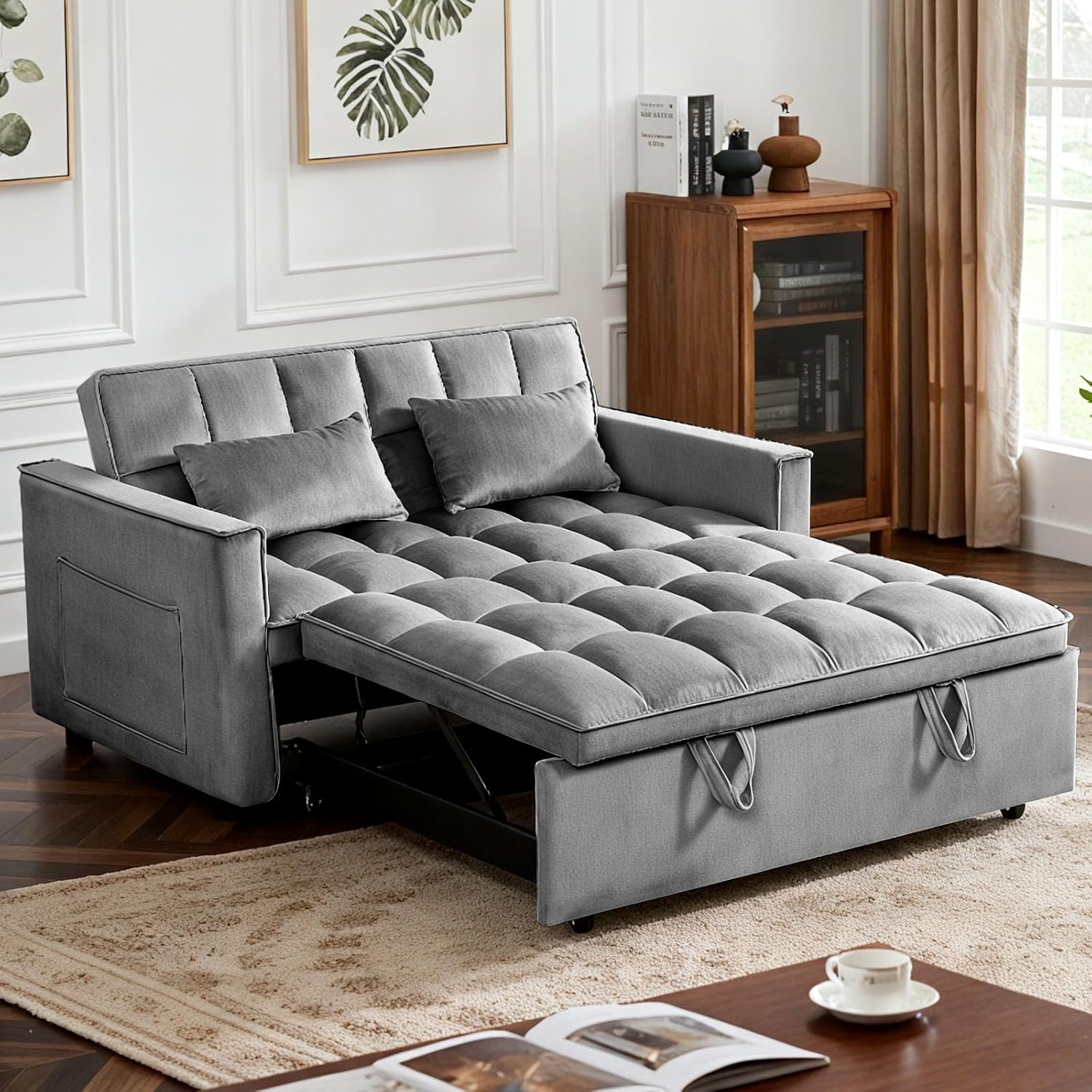 Deep Gray Velvet 3-in-1 Loveseat: Convertible Sofa Bed with Adjustable Back & Pockets. - Image 3