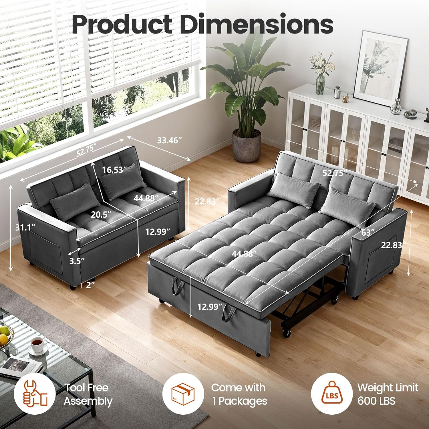 Deep Gray Velvet 3-in-1 Loveseat: Convertible Sofa Bed with Adjustable Back & Pockets. - Image 4